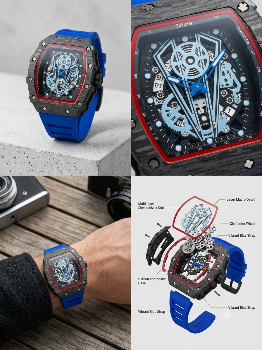 Zelantar Carbon Fiber Skeleton Dial Sports Watch