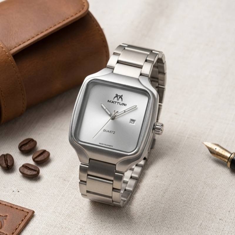A silver-tone stainless steel analog watch with a square bezel and matching metal link bracelet, placed on a light fabric surface with coffee beans, a brown leather pouch, and a fountain pen nearby. The watch face shows the brand name MATTUN.