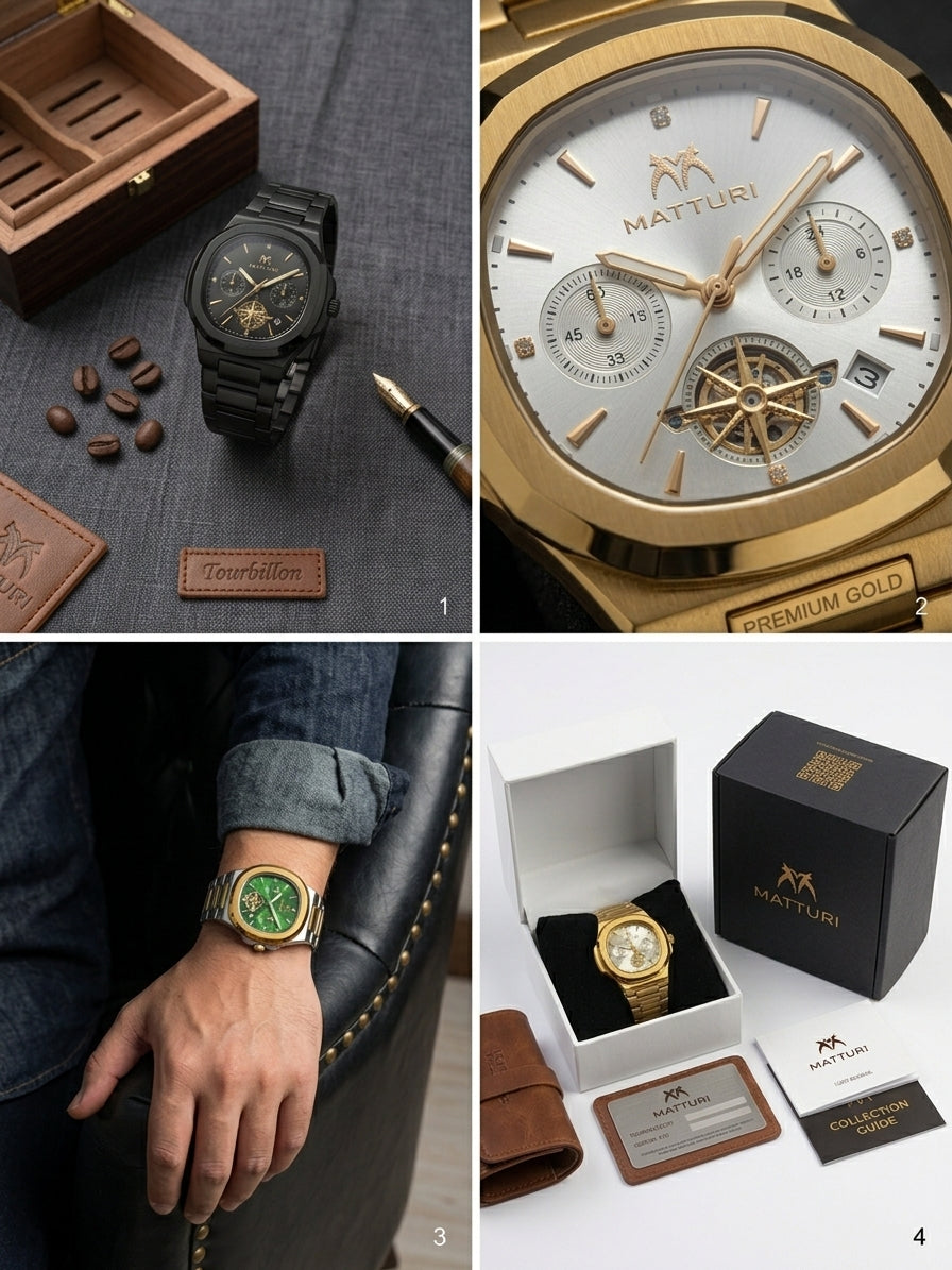 A four-panel collage showcasing a Matturi watch collection. Panel 1 shows a black wood-and-ceramic watch with a leather strap on a gray fabric background with coffee beans and a pen.