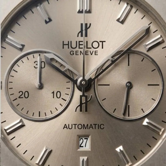 Close-up of a Hublot watch dial with a champagne-gold textured bezel and subdials, black hands and markers, and a date window at the bottom center.