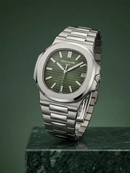 A silver-toned stainless steel wristwatch with a green dial and matching green accents, displayed on a dark green marble pedestal against a dark green background.