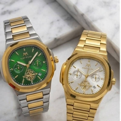Two luxury wristwatches by Montblanc, displayed side-by-side on a white marble background. The watch on the left features a two-tone silver and gold stainless steel bracelet, a gold bezel, and a vibrant green dial.