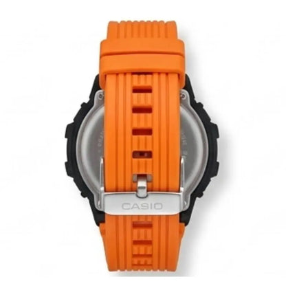 The back view of a Casio watch with a bright orange textured silicone strap, a black bezel, and a silver metal case back.