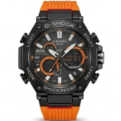 G-Shock G-SMART BX-410 analog-digital watch with a black case, black dial, and bright orange strap, shown on a white background.