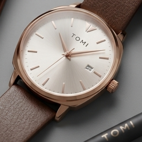 A close-up of a TOMI wristwatch with a rose gold case, white dial, and brown textured leather strap, resting on a dark gray surface.