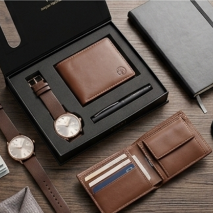 A men's leather gift set arranged on a wooden surface, including a brown bi-fold wallet, matching wristwatch with a brown strap, pen, notebook, and an open wallet showing card slots. The products are styled in a clean, commercial flat-lay presentation.